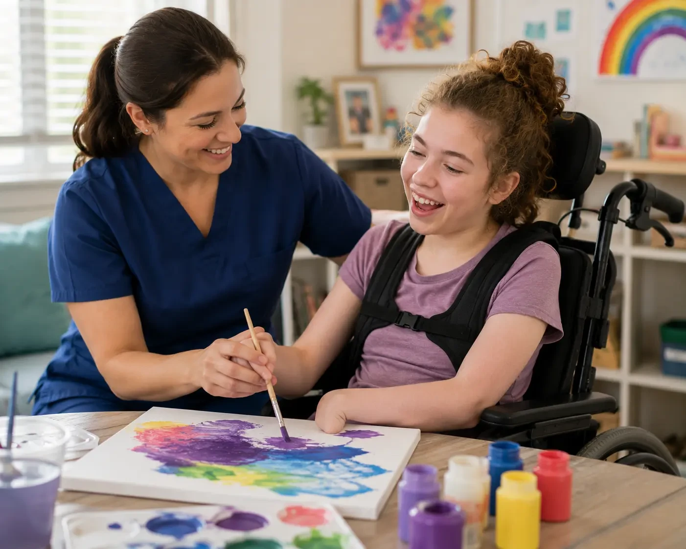 CritiCare nurse helping child with painting activity